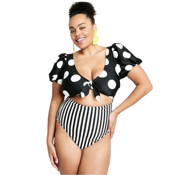 Tabitha Brown x Target Retro Polka Dot Black and White One Piece Swimsuit - Picture 3 of 5
